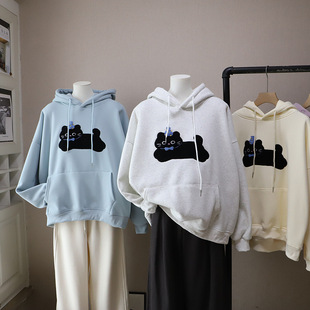 时尚 2025秋冬新韩版 休闲猫咪毛巾绣宽松加绒加厚卫衣女5516 比正