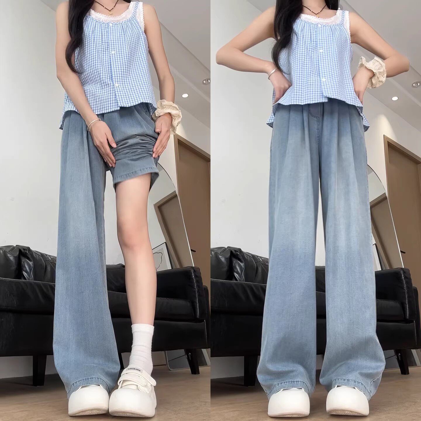 天丝直筒牛仔裤女夏季薄款2026新款大码梨型宽松小个子冰丝阔腿裤
