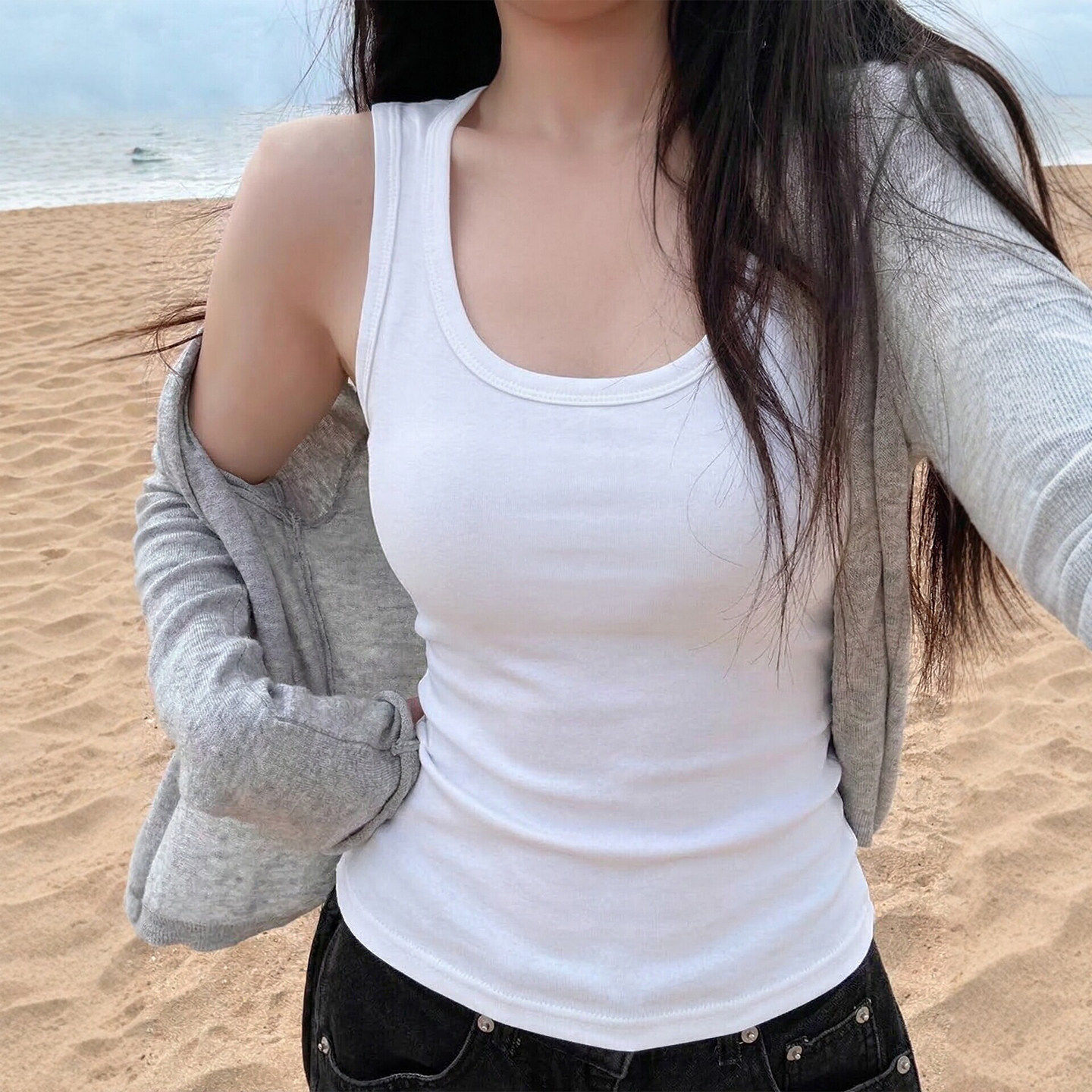 白色吊带背心女内搭打底衫夏季大码胖mm遮副乳无胸垫外穿无袖上衣