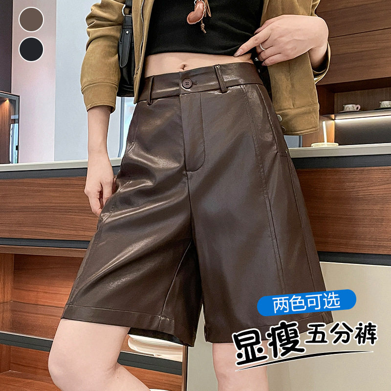 复古咖色pu皮裤阔腿短裤女秋冬2026新款高腰显瘦a字休闲五分靴裤