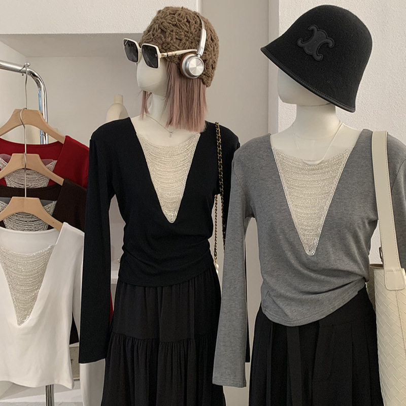 欧玛莱 设计感珠链长袖T恤女春季修身显瘦内搭辣妹打底衫上衣6346