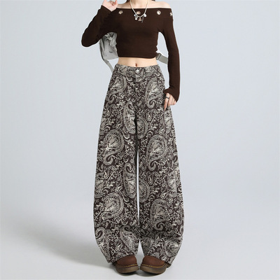 萝卜大叔咖色提花牛仔裤女2026春秋高腰宽松潮流休闲拖地弯刀裤子
