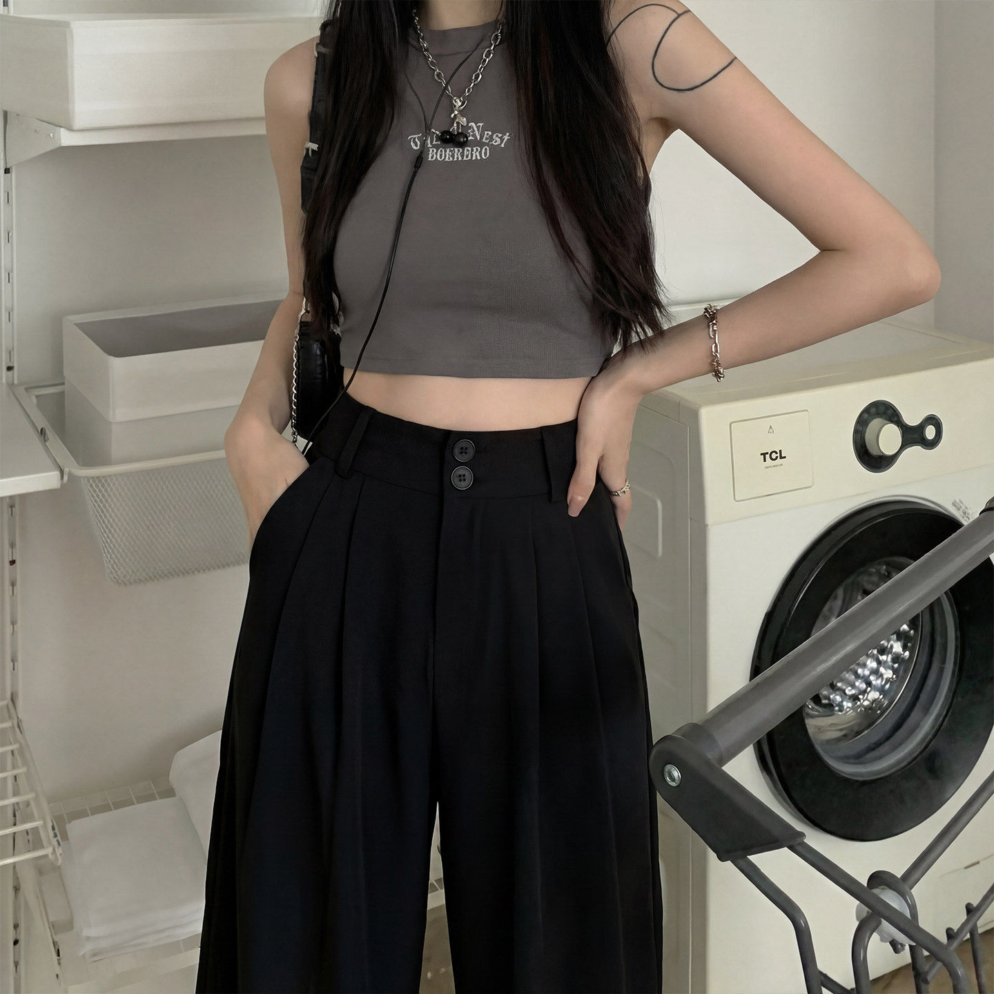 黑色西装裤女夏季薄款2026新款小个子垂感宽松高级感直筒阔腿裤子