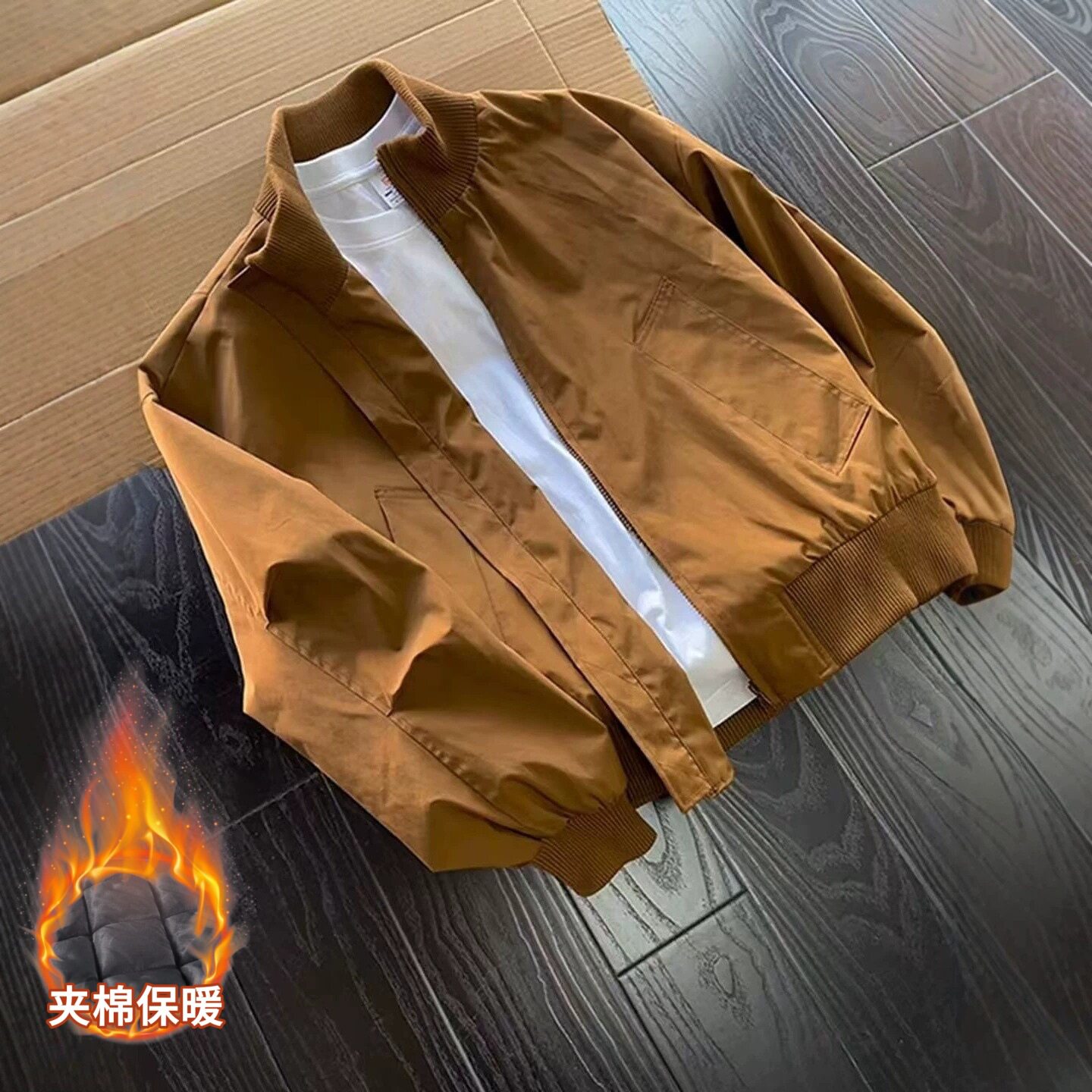 高质量内里加棉夹克高级感纯色潮牌时尚痞帅工装风立领休闲长袖