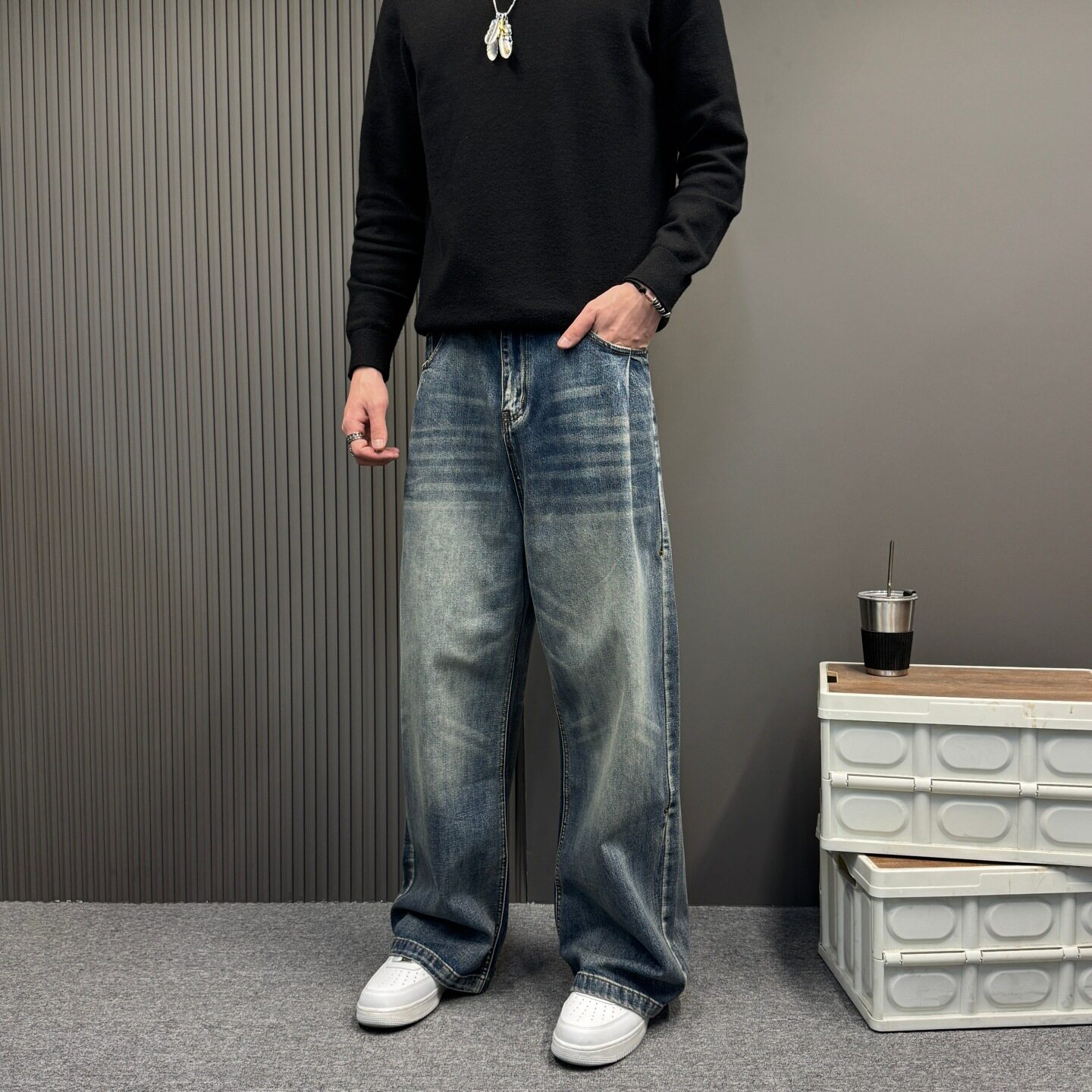 美式复古水洗设计感宽松阔腿牛仔裤男春秋新款宽松显瘦垂感长裤子