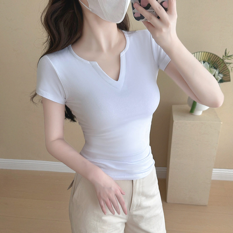 萝卜大叔纯棉小V领短袖t恤女夏季修身显瘦打底衫百休闲搭白色上衣