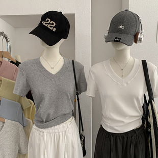 V领修身 百搭上衣 显瘦纯色短袖 T恤女春夏季 6737 内搭打底衫 欧玛莱