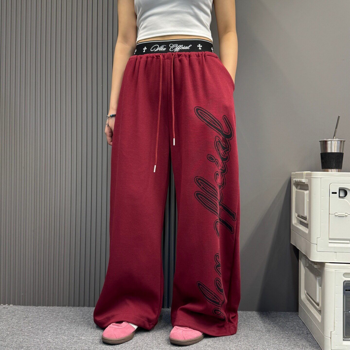 美式松紧腰涂鸦字母阔腿卫裤男女同款休闲跳舞松弛感直筒拖地裤潮