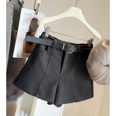 高腰a字西装毛呢短裤女2025冬季韩版百搭显瘦休闲阔腿靴裤配皮带