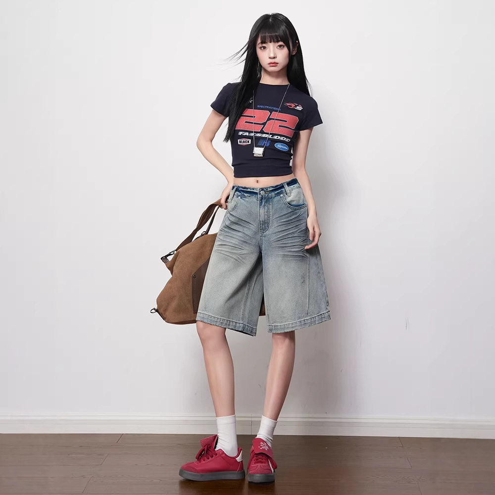 做旧水洗猫须牛仔短裤女春夏新款美式雅痞五分裤宽松百搭阔腿中裤