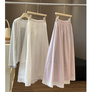 新款韩版蕾丝花边拼接棉质A字半身裙女夏高腰中长款气质百搭伞裙