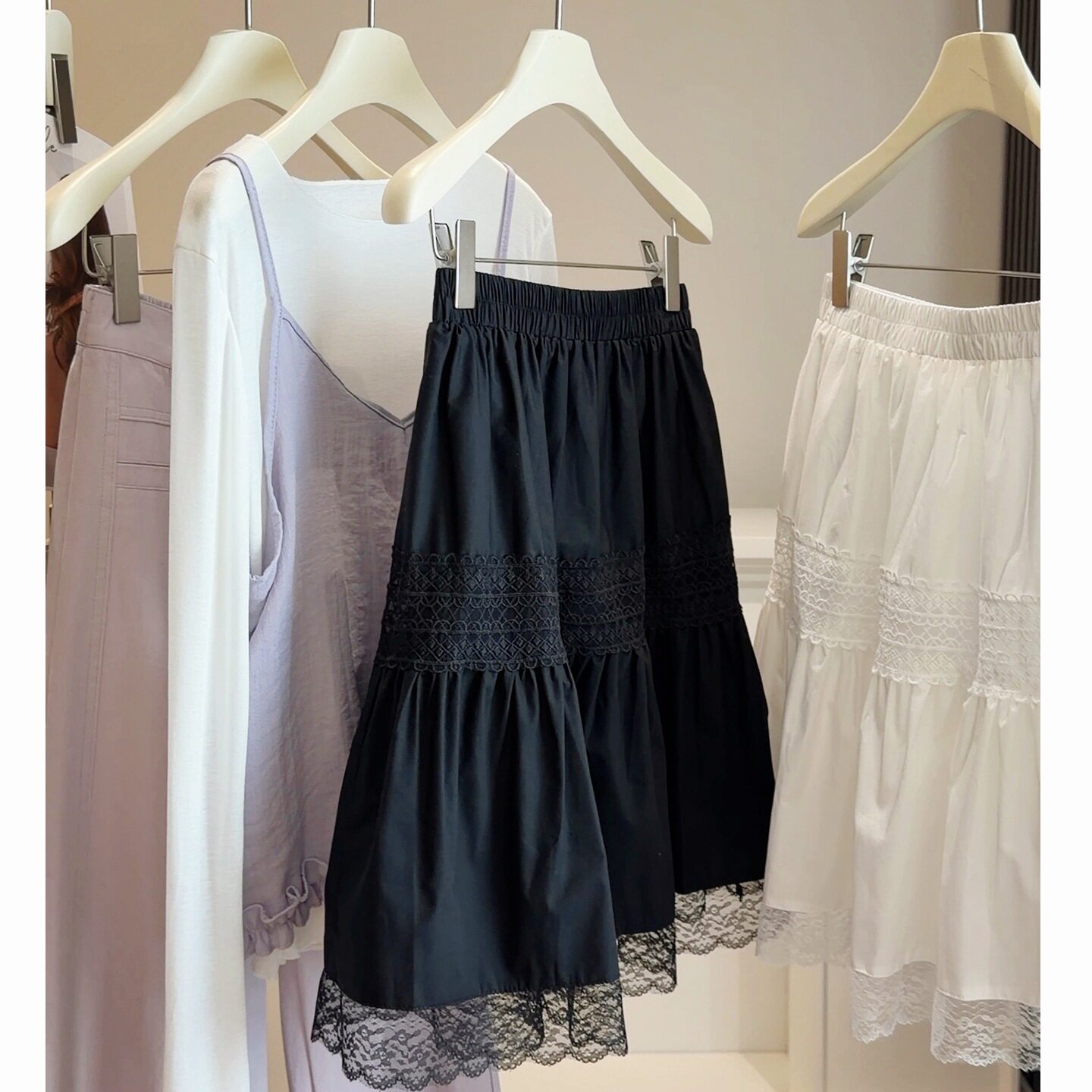 夏季款蕾丝钩花镂空白色蛋糕半身裙女小个子高腰显瘦a字蓬蓬中裙