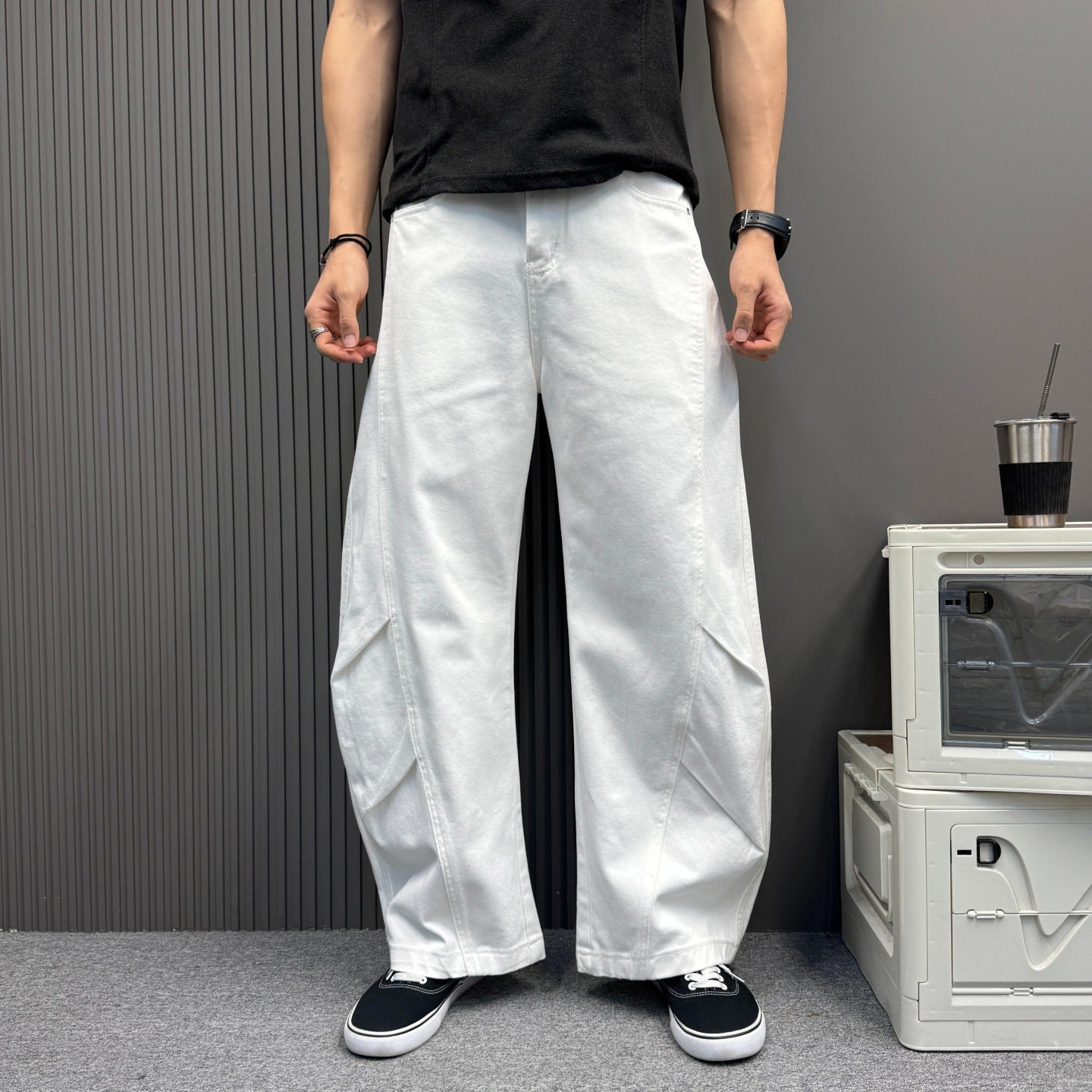 白色弯刀牛仔裤裤子男女情侣款2026新款褶皱长裤宽松阔腿裤拖地裤