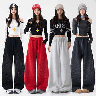 星星烫钻渐变色两穿休闲裤女装春季松紧腰弯刀卫裤街头潮酷阔腿裤