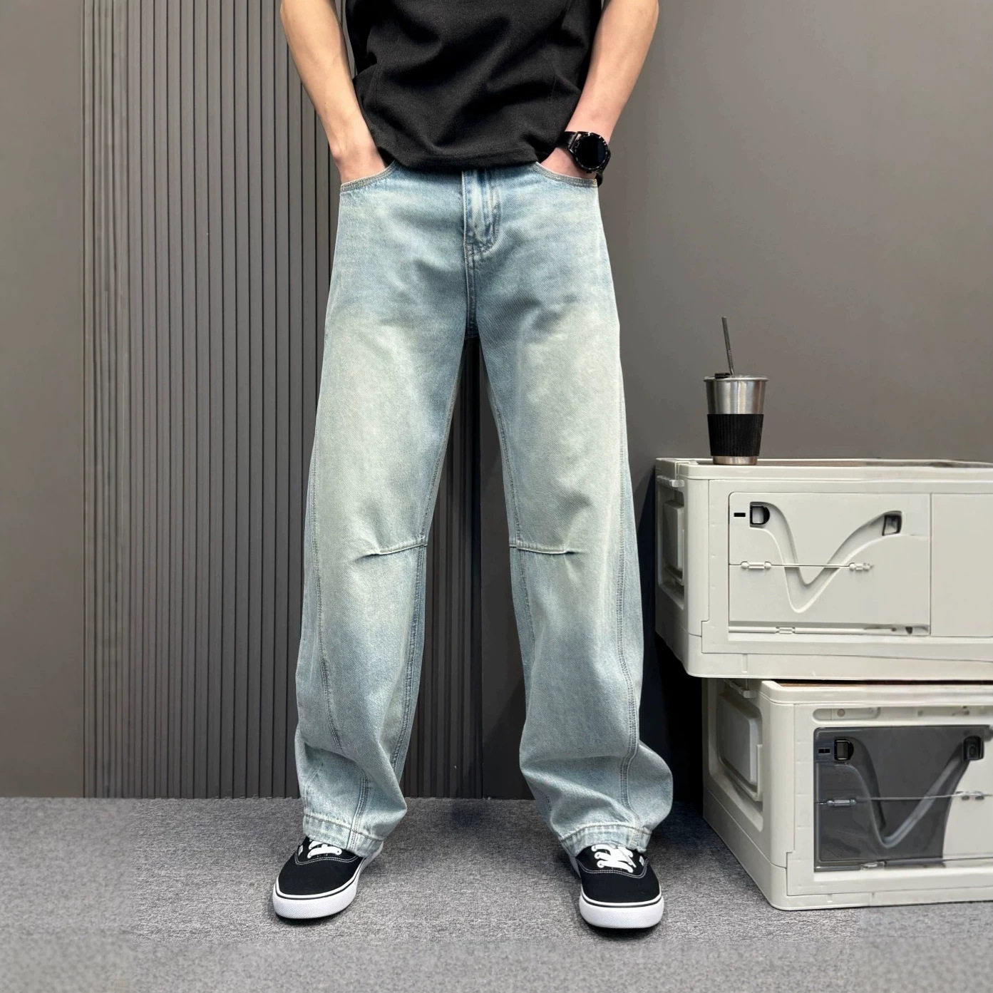 夏季薄款浅色水洗牛仔裤男日系潮牌宽松直筒阔腿裤男生百搭垂感休