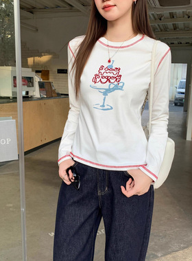 磨毛长袖女秋冬季正肩内搭明线装饰白色圆领打底衫可外穿上衣chi