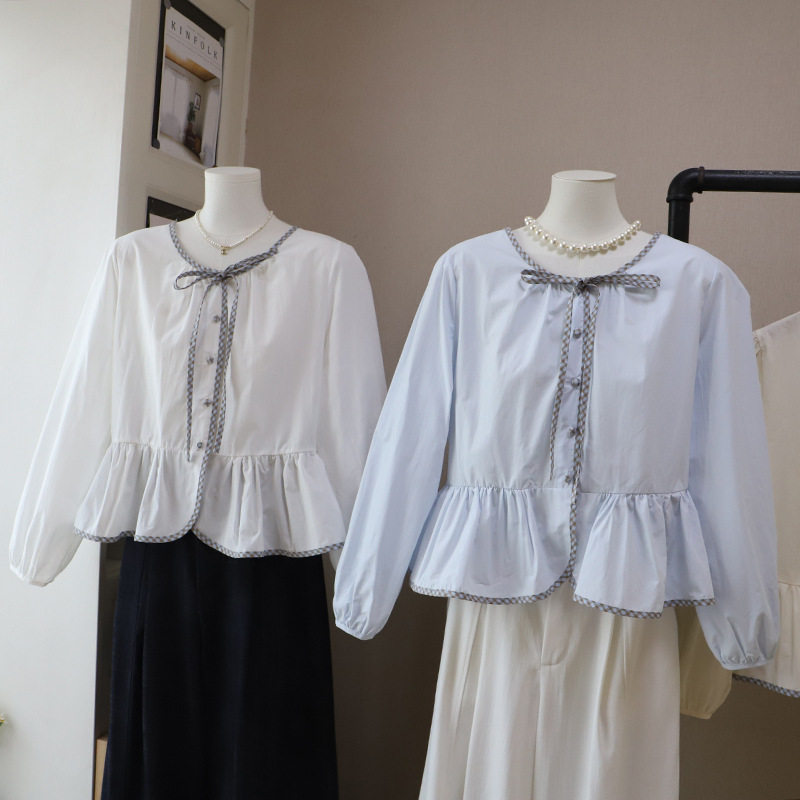 [比正]2026早春新款韩系小清新减龄系带显瘦泡泡长袖衬衫女5911