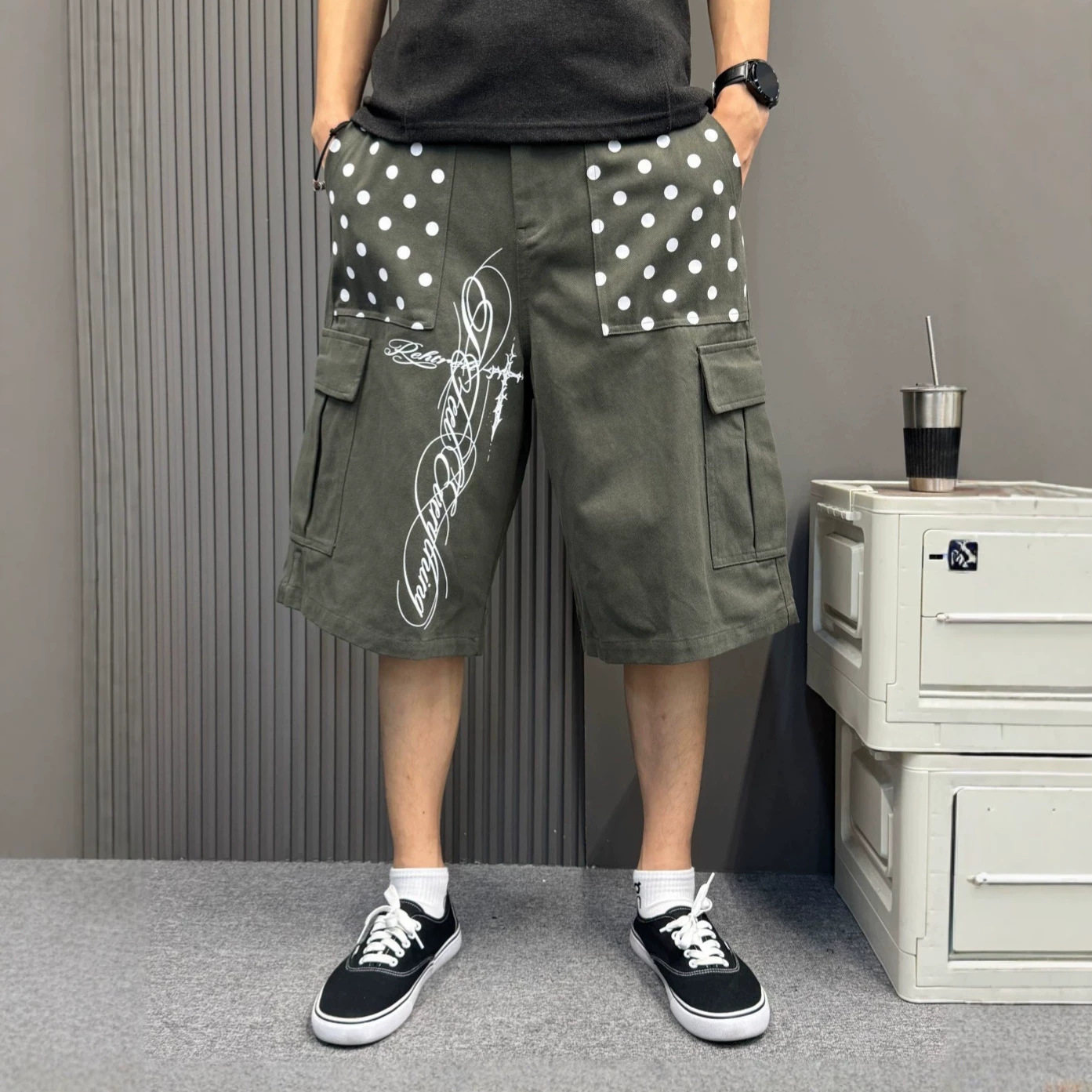 夏季新款军绿工装短裤男波点拼接花体字刺绣潮牌阔腿五分休闲裤子
