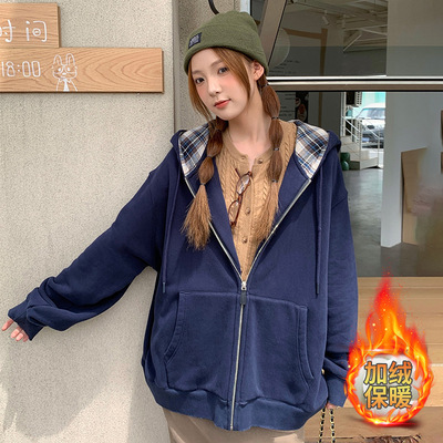 秋冬季加绒慵懒风连帽卫衣外套新款加厚宽松韩版女式上衣bf外