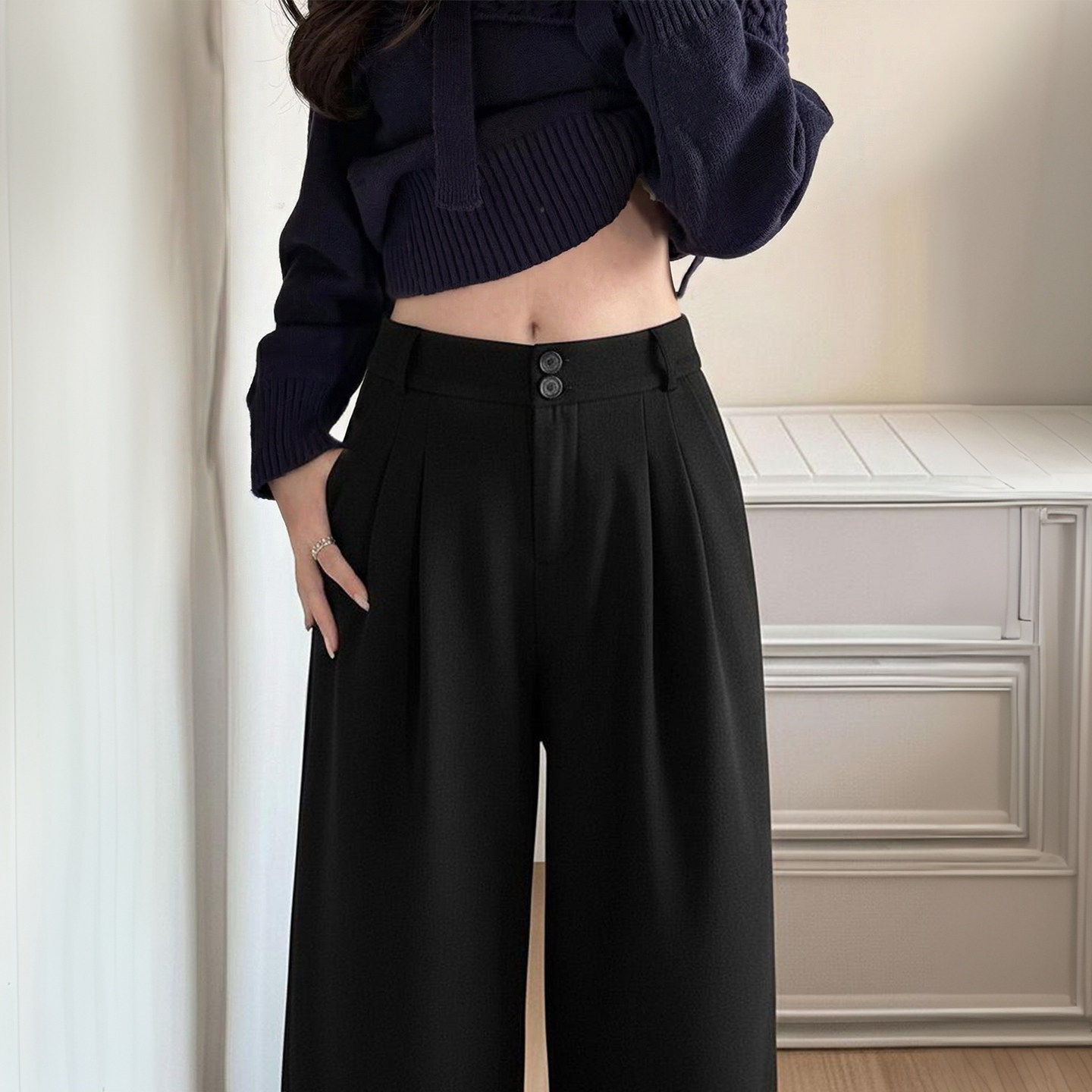 加绒阔腿裤垂坠感高级感秋冬季女裤窄版直筒梨形小个子黑色西装裤