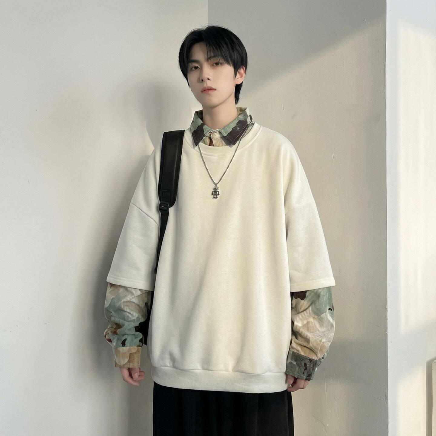 美式迷彩拼接翻领短袖polo衫男ins夏季潮牌宽松痞帅半袖t恤浅灰色