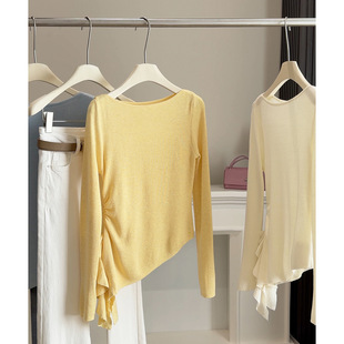 韩系设计感不规则侧边荷叶边收腰六羊毛针织衫女春一字肩修身长袖