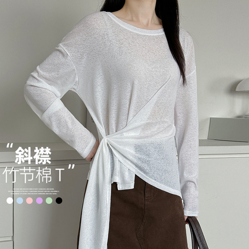 白色微透绑带防晒罩衫女夏季新款显瘦设计感长袖t恤针织正肩上衣