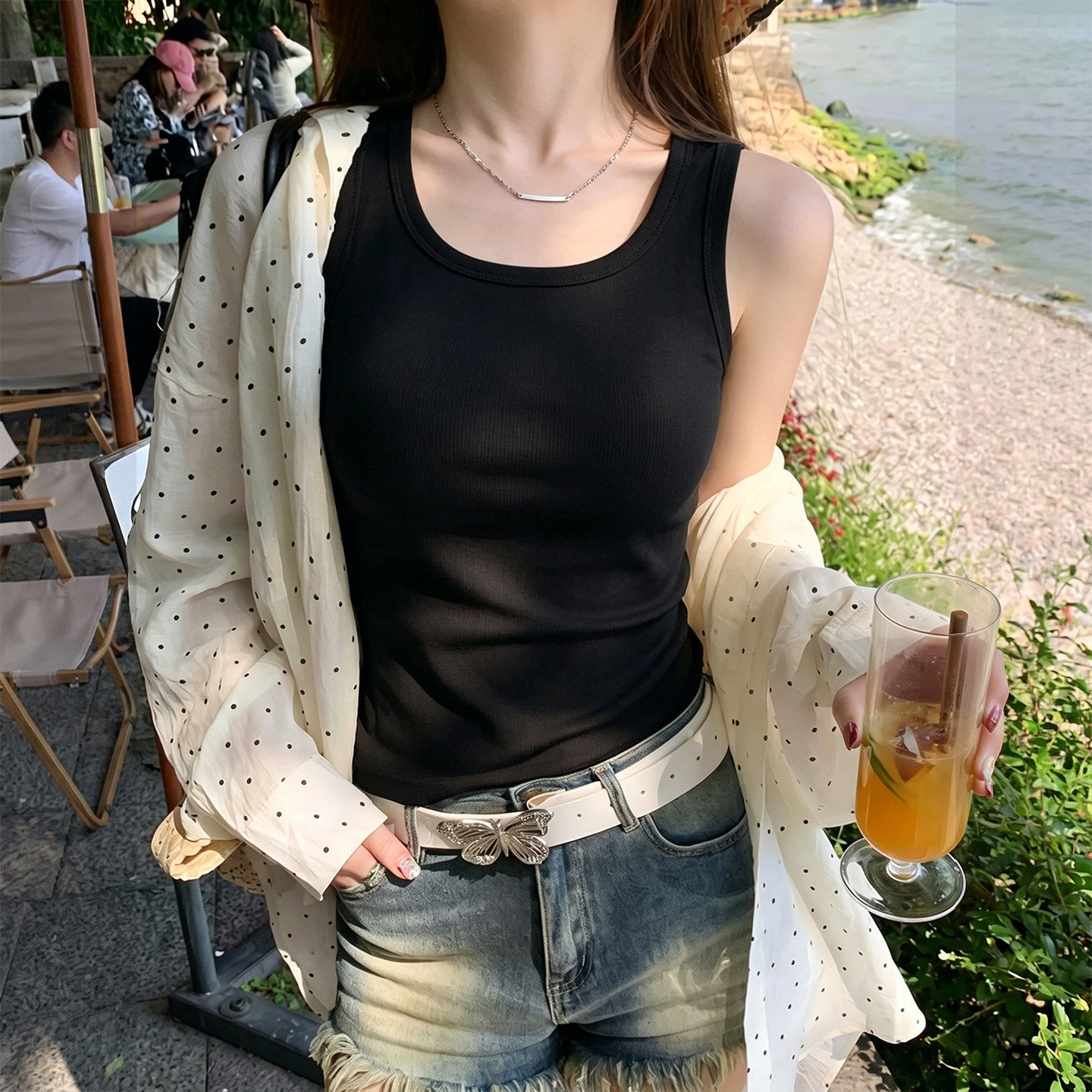 黑色工字吊带背心女士夏季新款外穿无胸垫遮副乳内搭打底无袖上衣