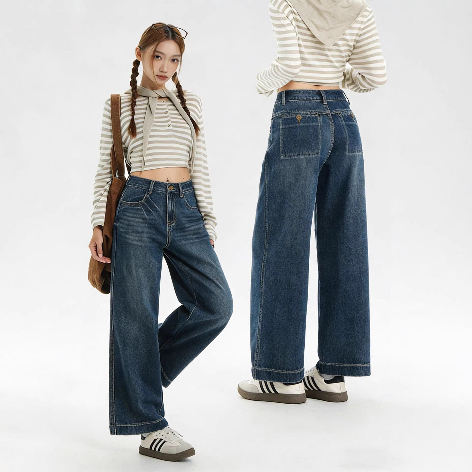 萝卜大叔复古蓝窄版牛仔裤女2026春季假口袋设计高腰显瘦直筒裤子,女装/女士精品,牛仔裤,淘宝优惠券,粉丝福利购,淘宝优惠卷