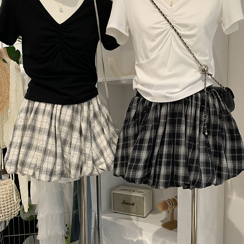 欧玛莱 格子花苞半身裙女2026春夏季高腰显瘦A字防走光蓬蓬裙6814