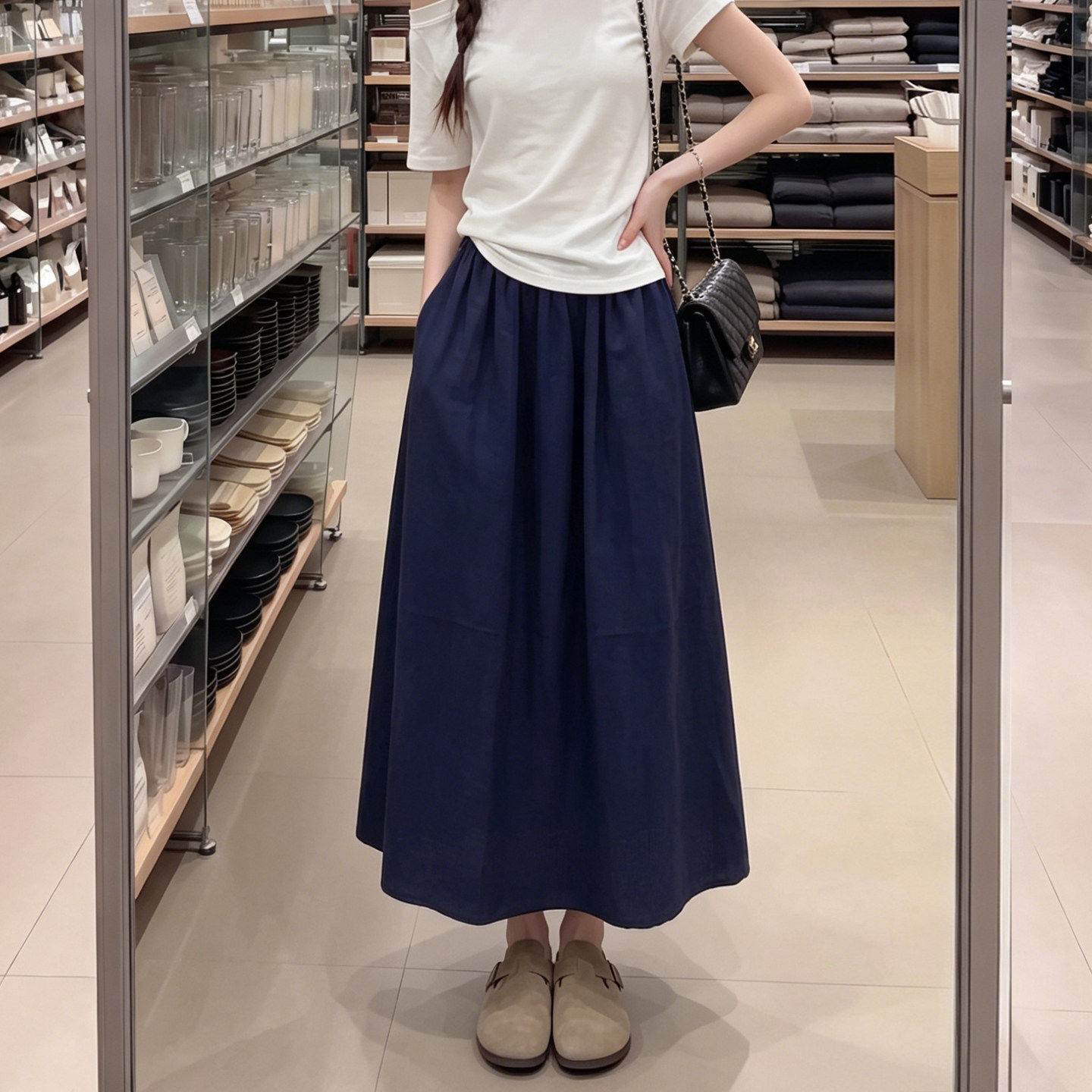 藏青色亚麻半身裙女2026新款夏季高腰a字裙高级巨好看棉麻长裙子
