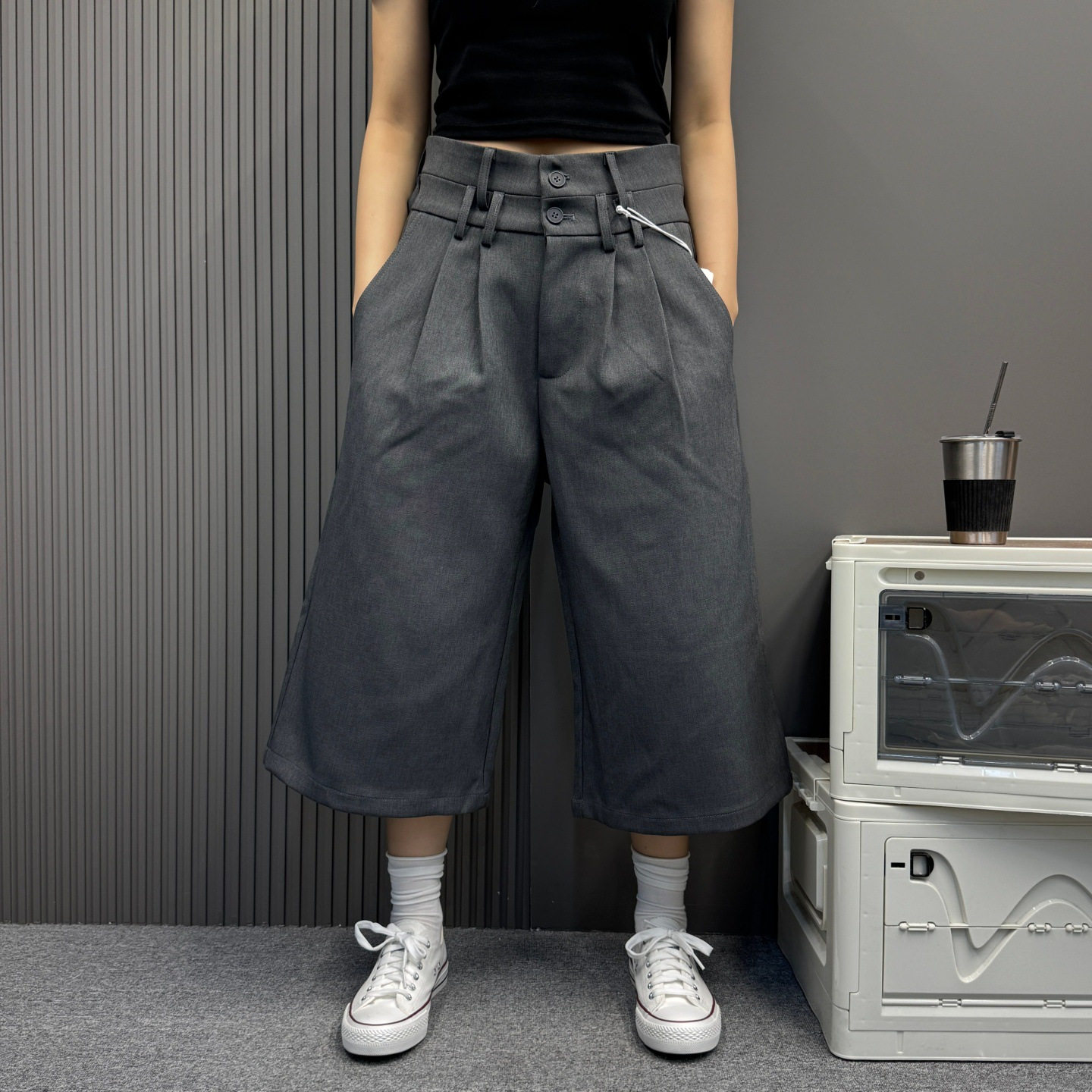 廓形拼接腰头休闲高腰七分裤男女同款夏季宽松休闲中裤阔腿直筒裤