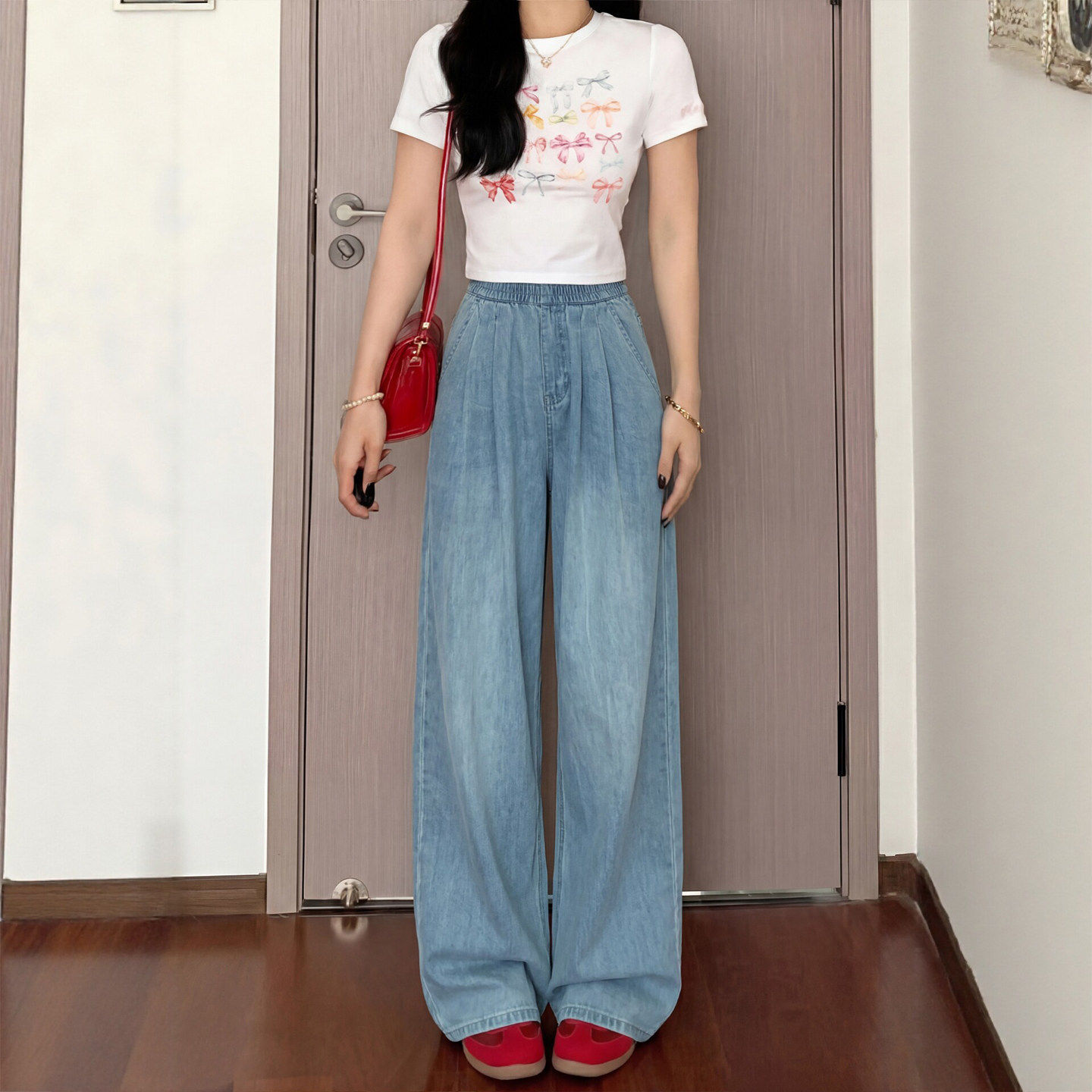 天丝阔腿牛仔裤女夏季薄款小个子高腰宽松胖mm大码窄版冰丝直筒裤