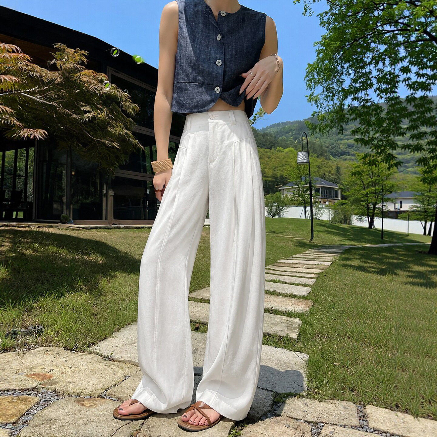 白色亚麻棉麻阔腿裤女夏季薄款高腰垂感老钱风西装宽松直筒休闲裤