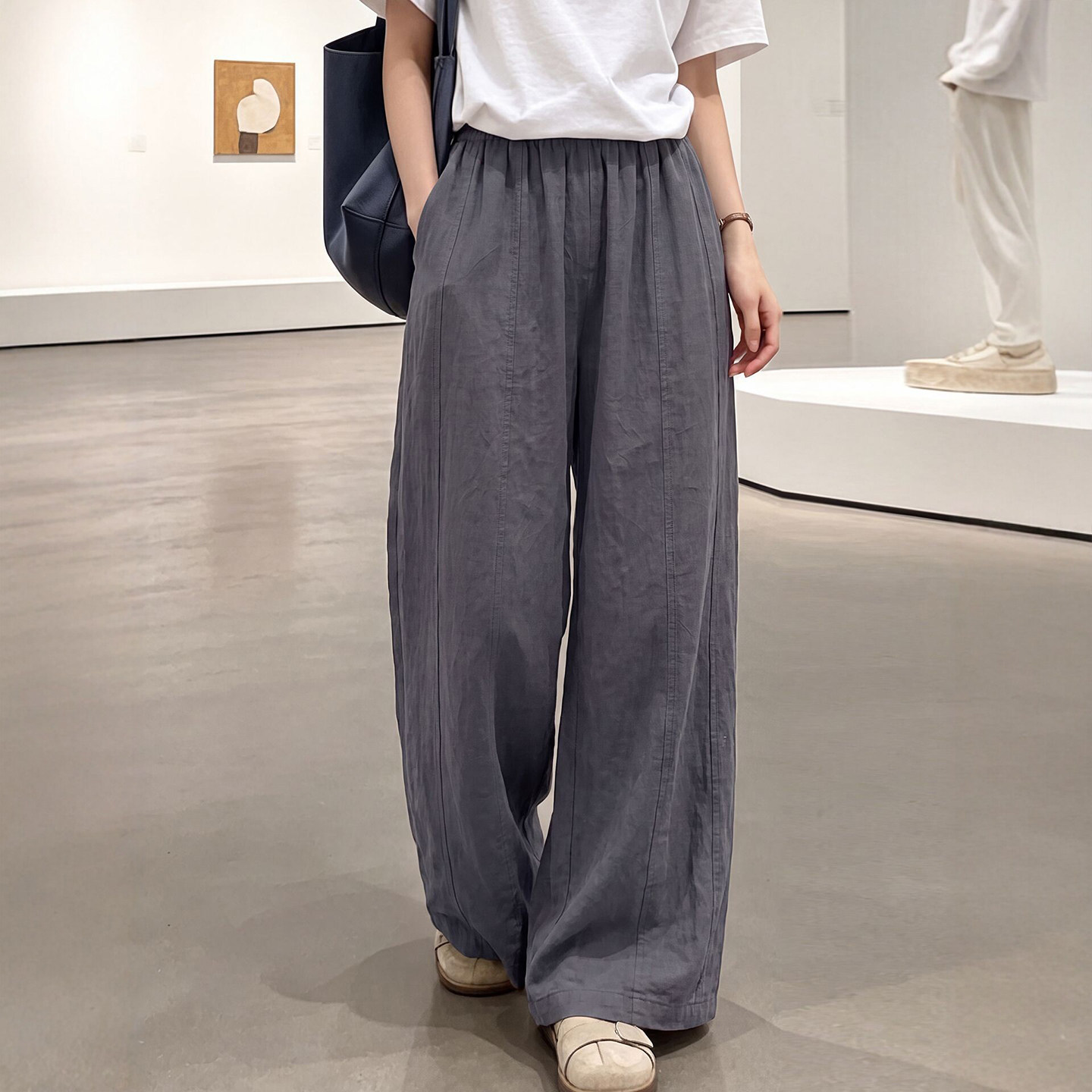 灰色亚麻气球阔腿裤女夏季薄2026新款小个子宽松休闲棉麻弯刀裤子