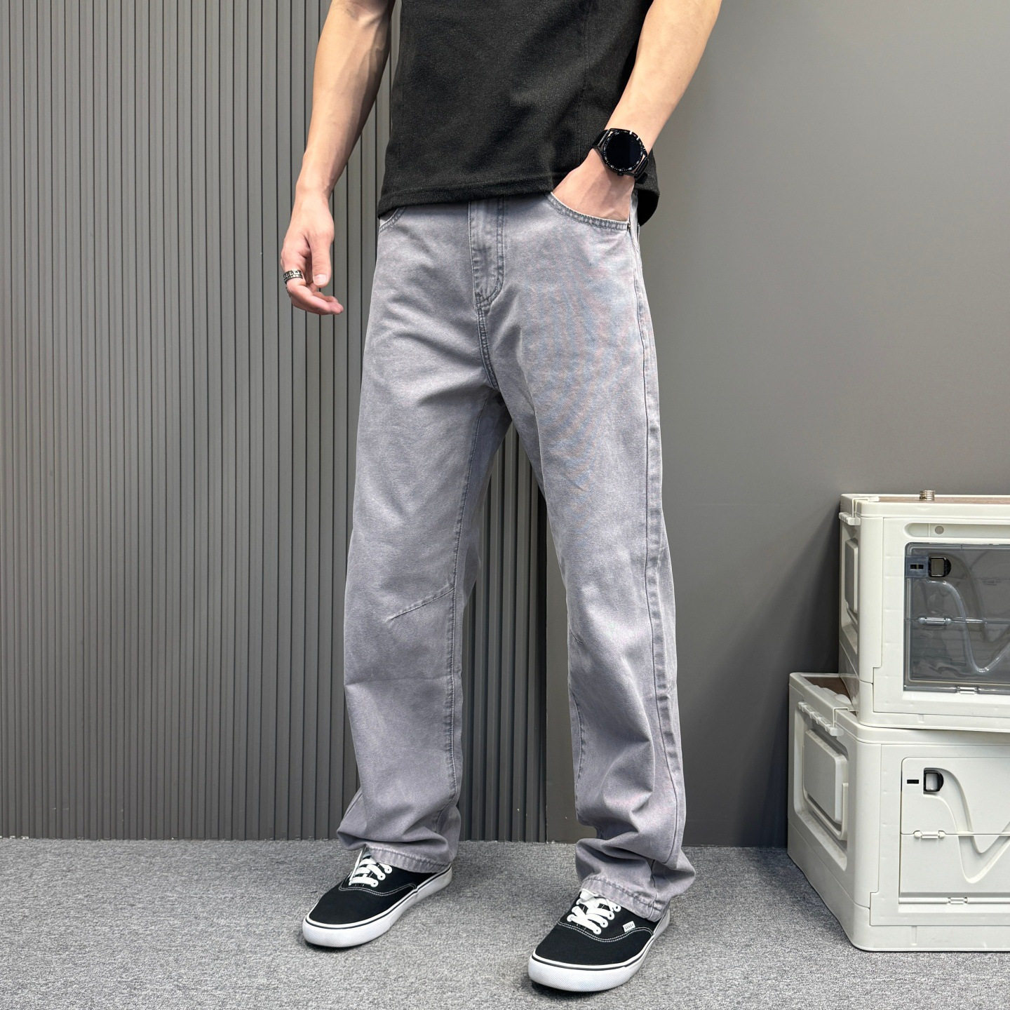 简约高智感复古牛仔裤男女情侣款小清新宽松直筒裤设计感潮流裤子