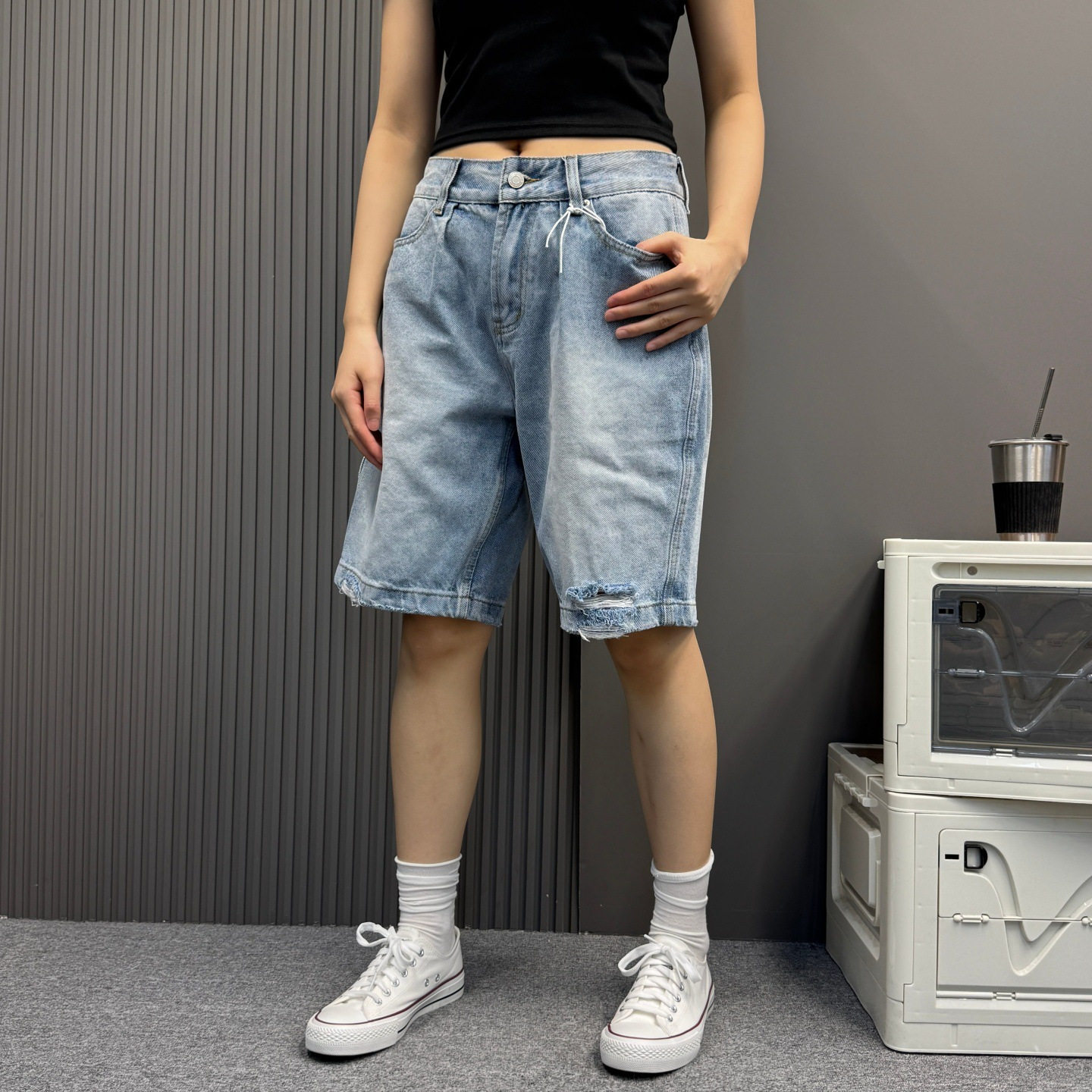 水洗做旧裤腿破洞牛仔短裤男女款夏季美式潮流宽松休闲直筒五分裤