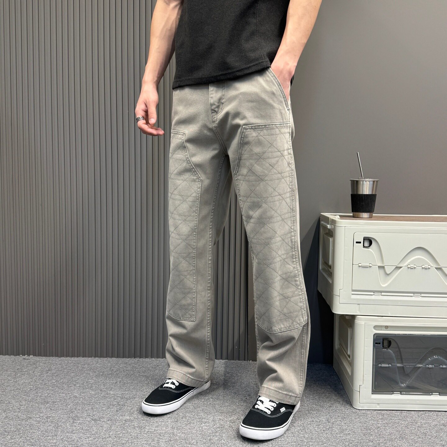 港风原创设计双膝工装裤男士痞帅伐木裤腿直筒牛仔裤阔腿高级感潮