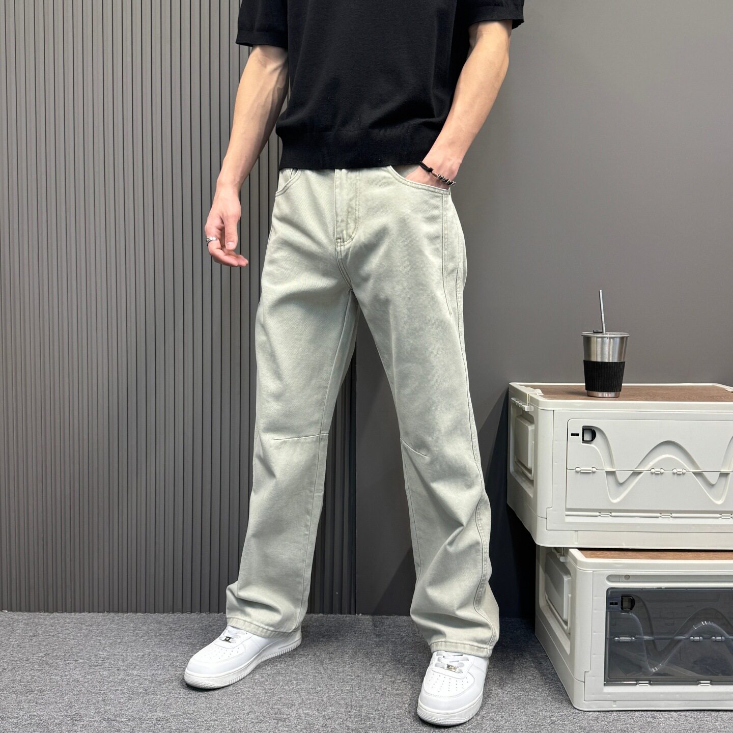 春季新款宽松直筒牛仔裤男士潮牌高街阔腿裤复古痞帅慵懒风长裤