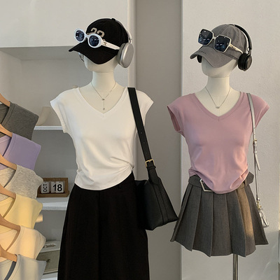 欧玛莱 2026年春夏季新品V领显瘦收腰纯色短款内搭T恤上衣女 5982