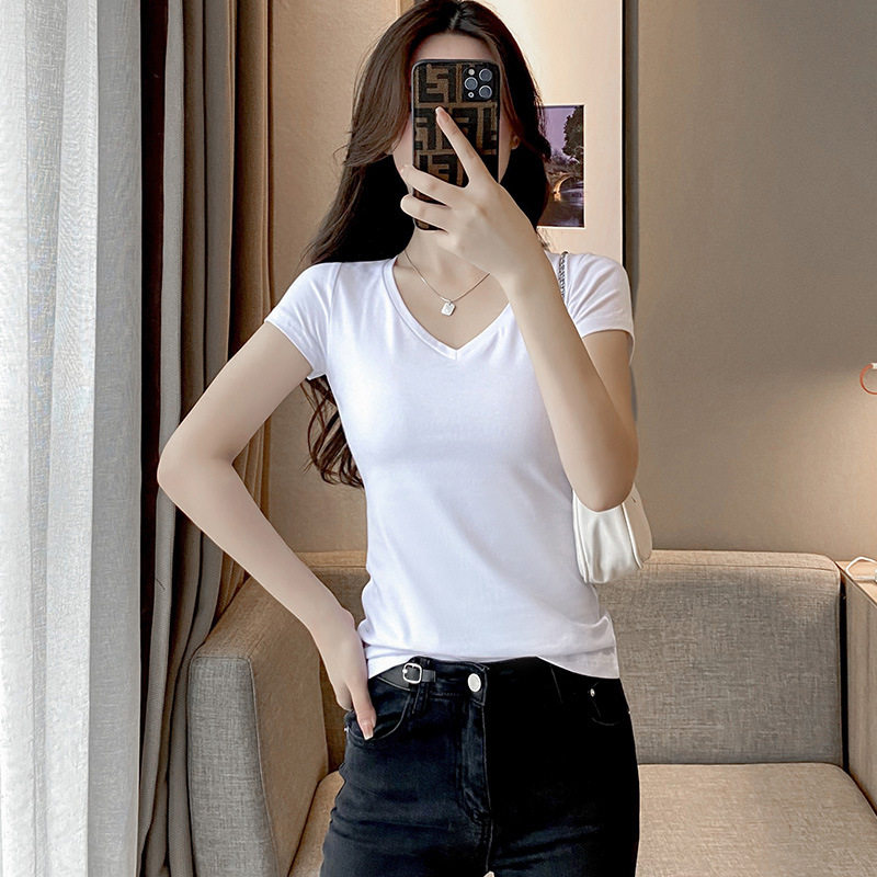 萝卜大叔纯棉V领短袖T恤女夏2026新款显瘦修身可外穿打底百搭上衣