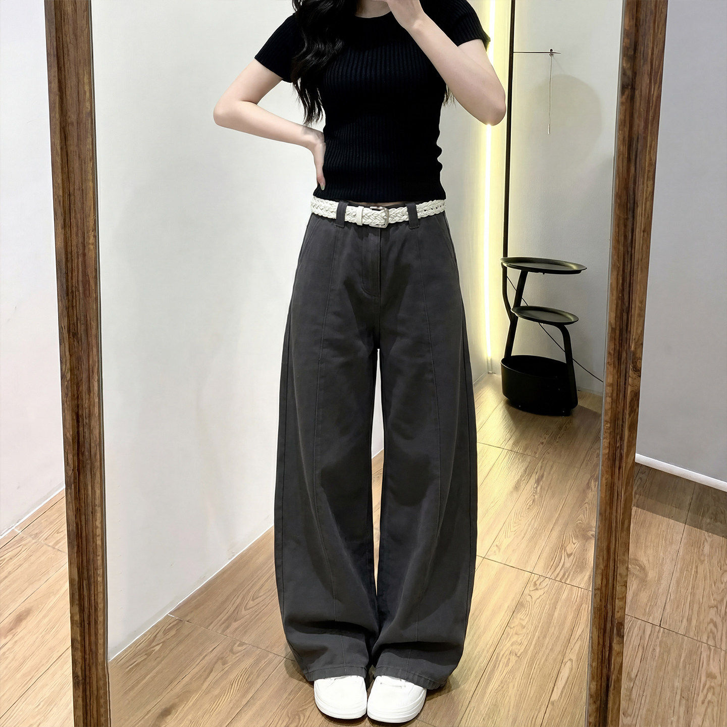 黑色工装裤女夏薄款2026新款垂坠感宽松小个子休闲高腰西装阔腿裤
