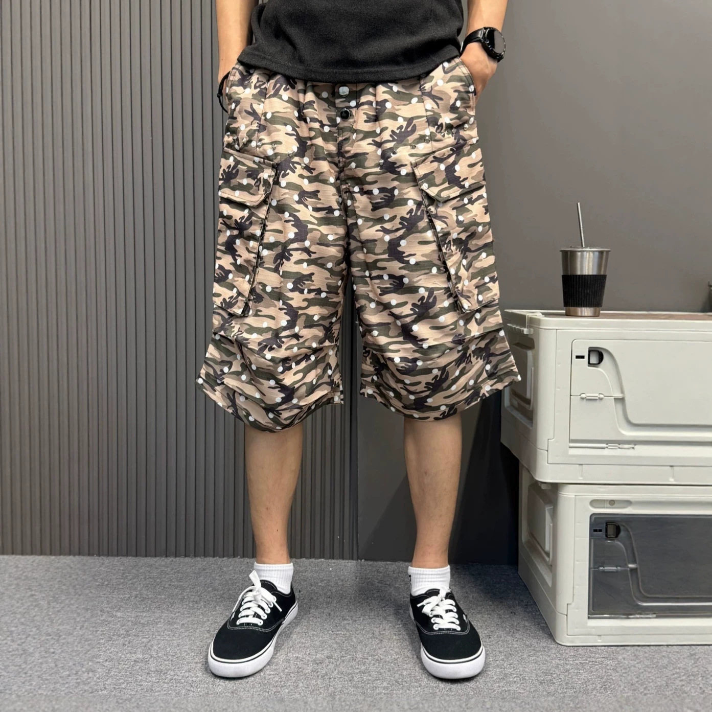 潮牌迷彩波点七分工装裤男生美式宽松多口袋阔腿中短裤复古休闲裤