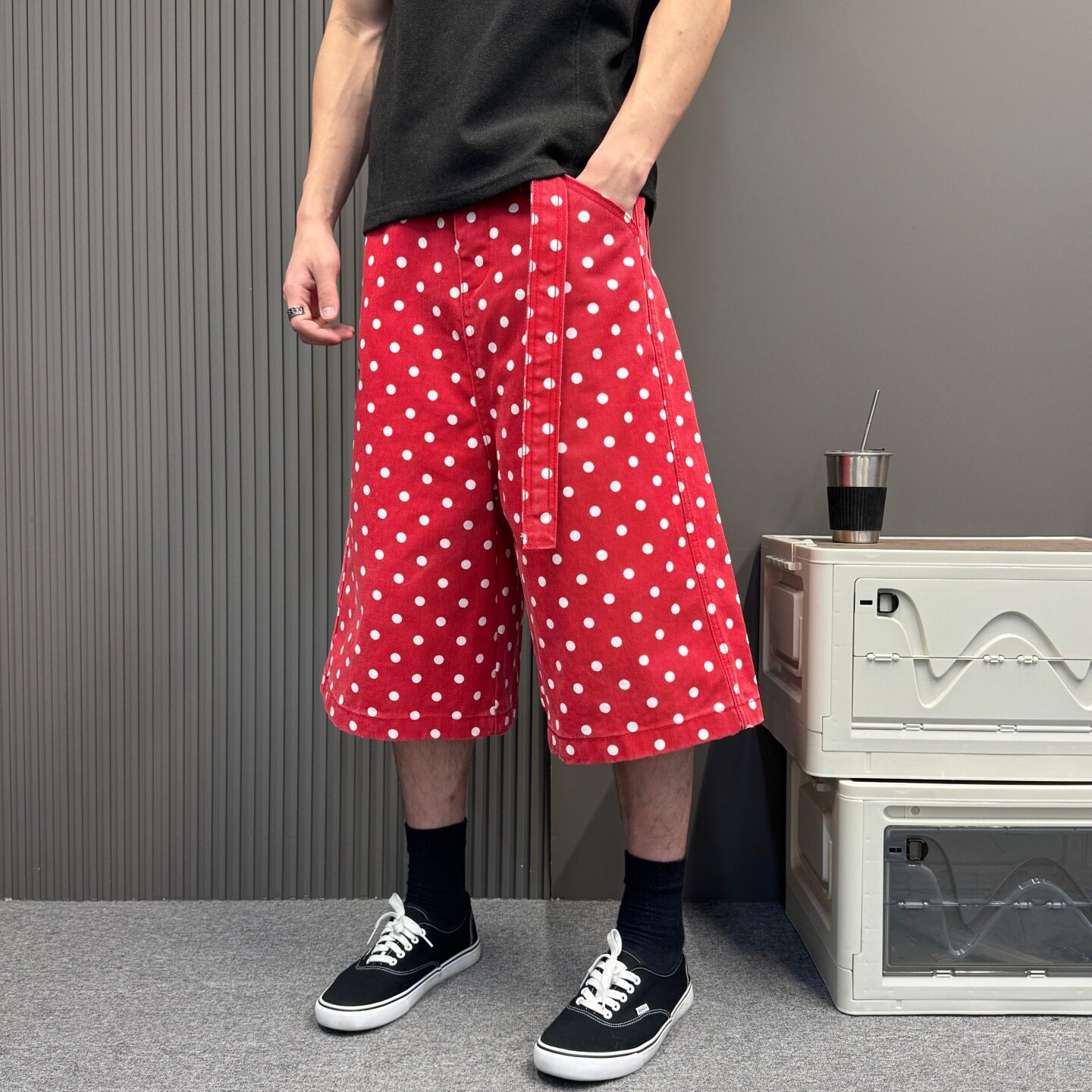 美式街头重磅满印小波点阔腿七分裤男夏季宽松口袋休闲裤红色中裤