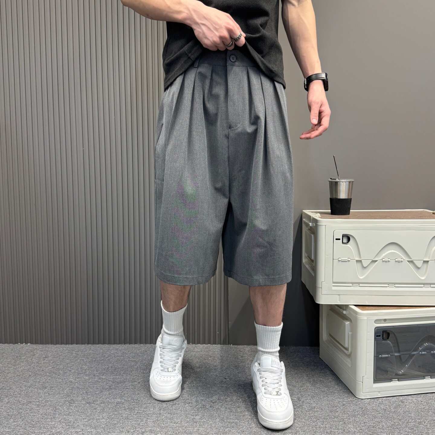 夏季西装短裤男痞帅松弛感宽松阔腿七分裤日系潮流休闲微阔七分裤