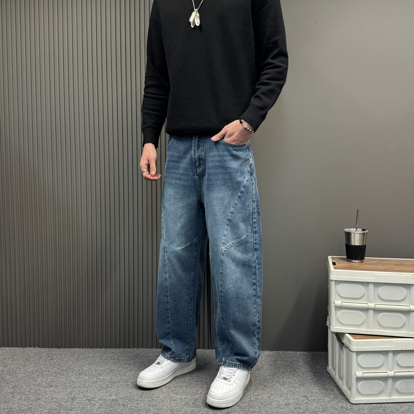 男裤秋季新款复古蓝色弯刀牛仔裤男款美式潮牌立体拼接宽松直筒裤