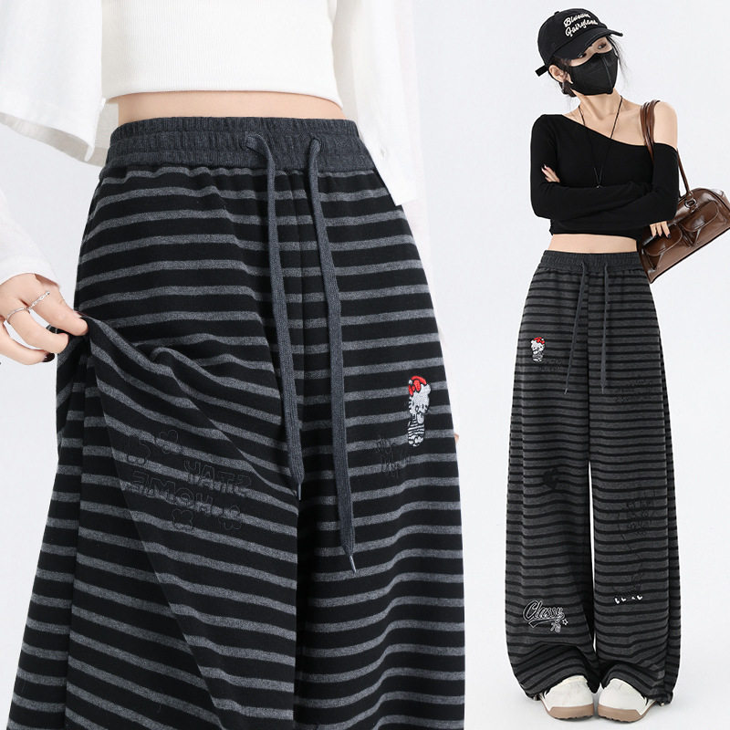 小猫刺绣条纹休闲裤子女2026春季新款宽松慵懒风松弛感运动卫裤潮