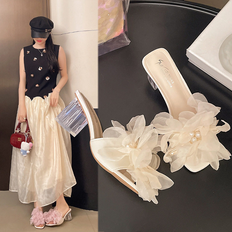 拖鞋女夏外穿花朵珍珠方头一字拖低跟粗跟配裙子仙女风凉拖鞋凉拖