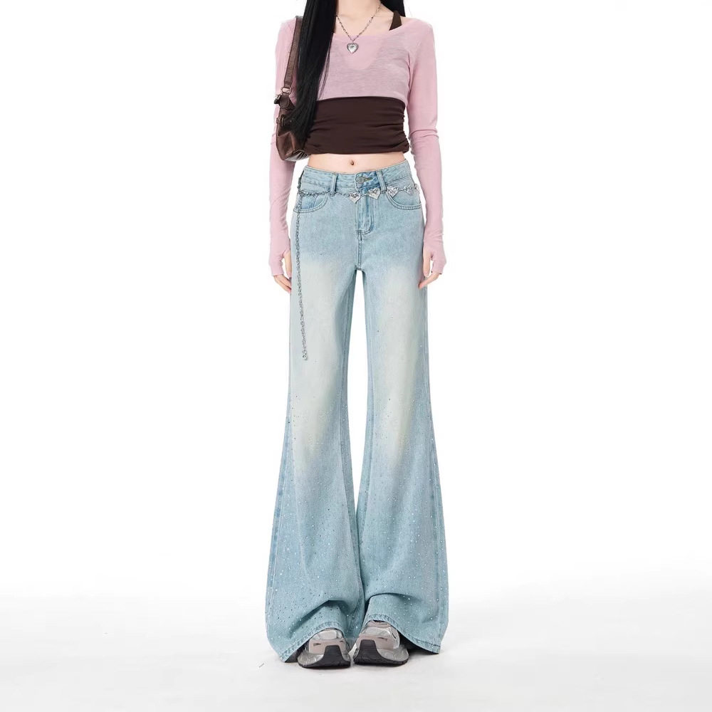 浅蓝色美式复古烫钻微喇牛仔裤女2026新款春季高腰宽松马蹄喇叭裤