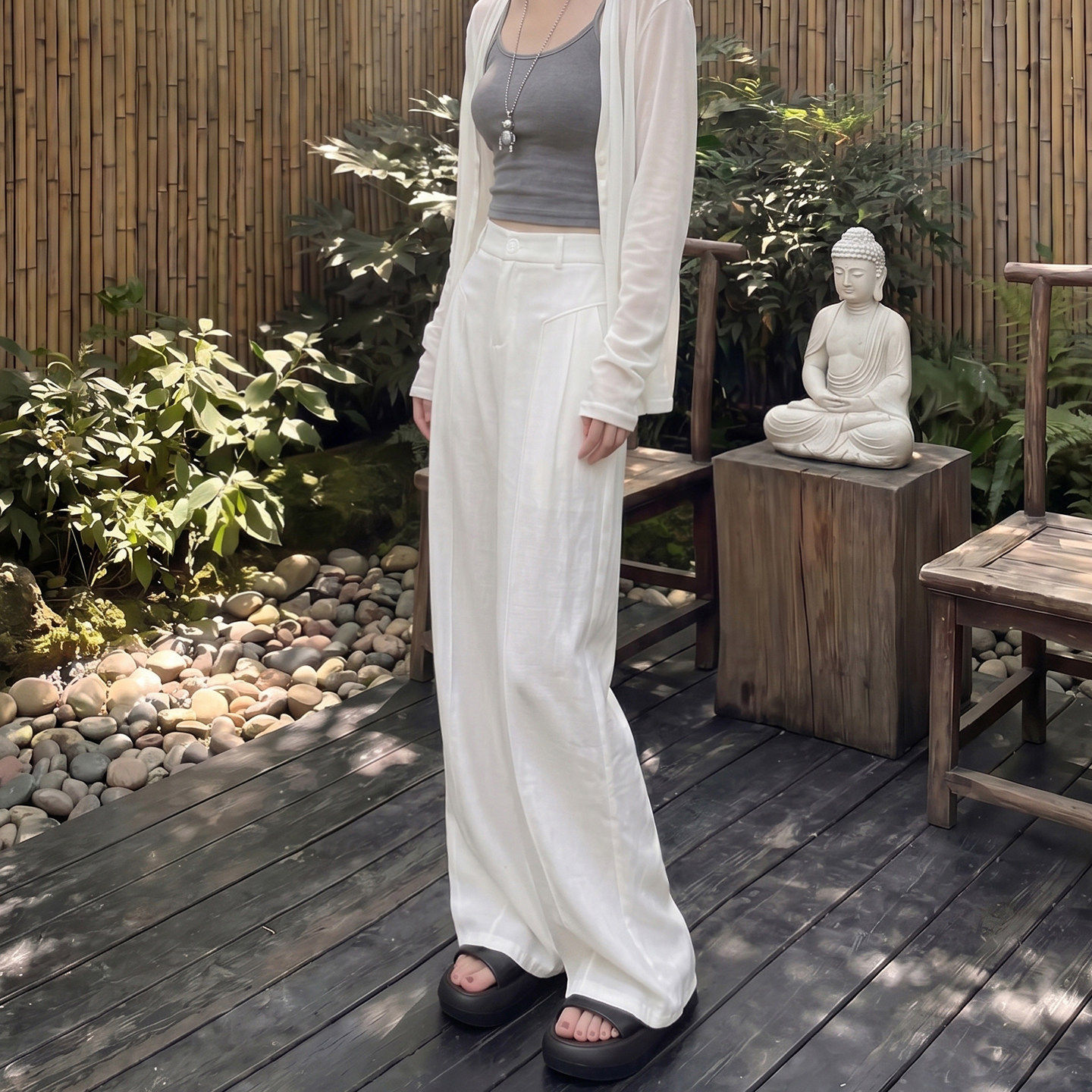 白色亚麻裤女夏薄款2026新款高腰直筒阔腿裤子垂坠感老钱风西装裤
